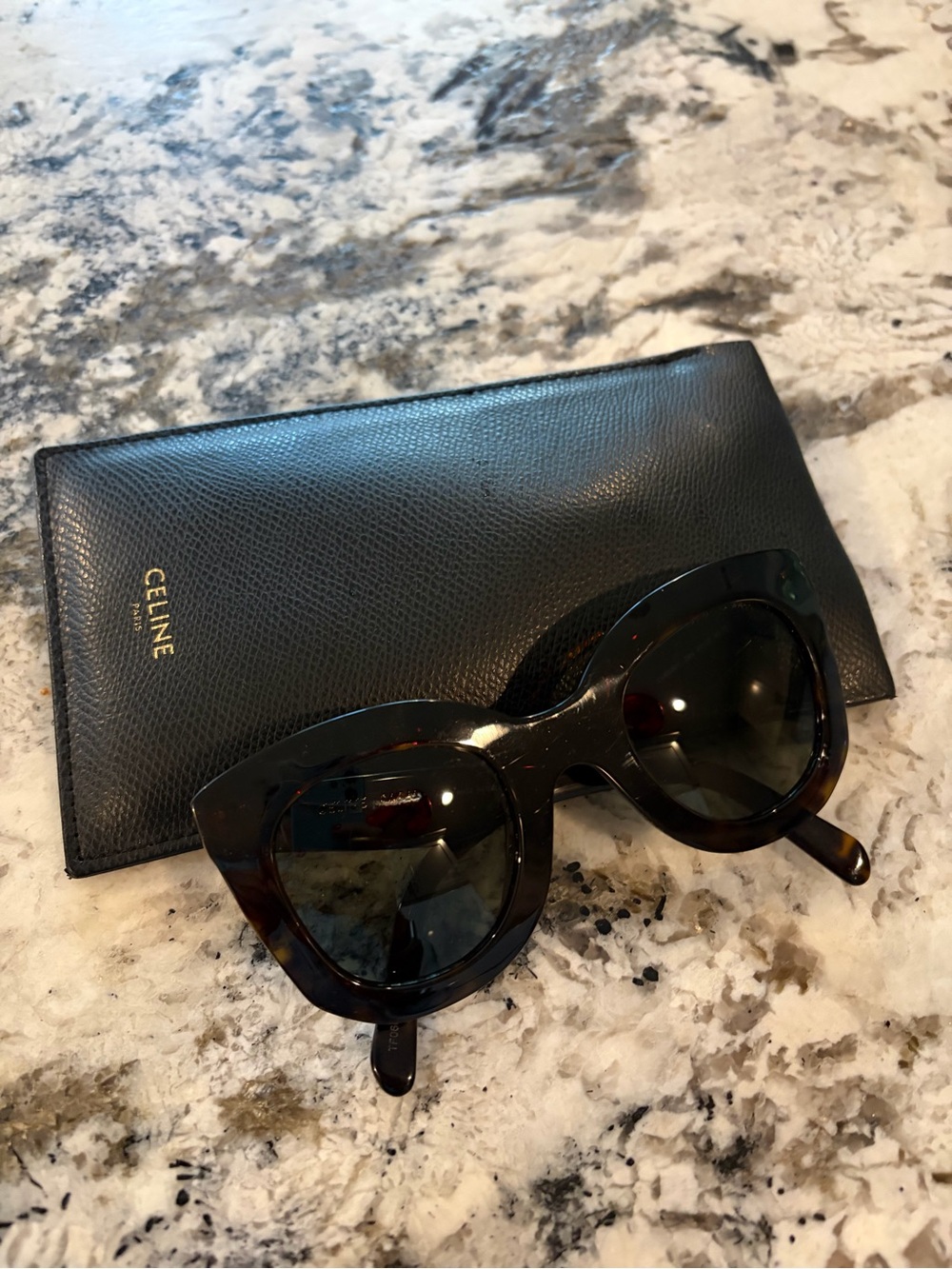 Celine Tortoiseshell Round Cat-Eye Sunglasses with Dark Lenses